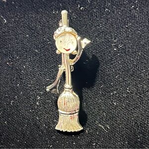Pearl Button Face Figural Broom Brooch